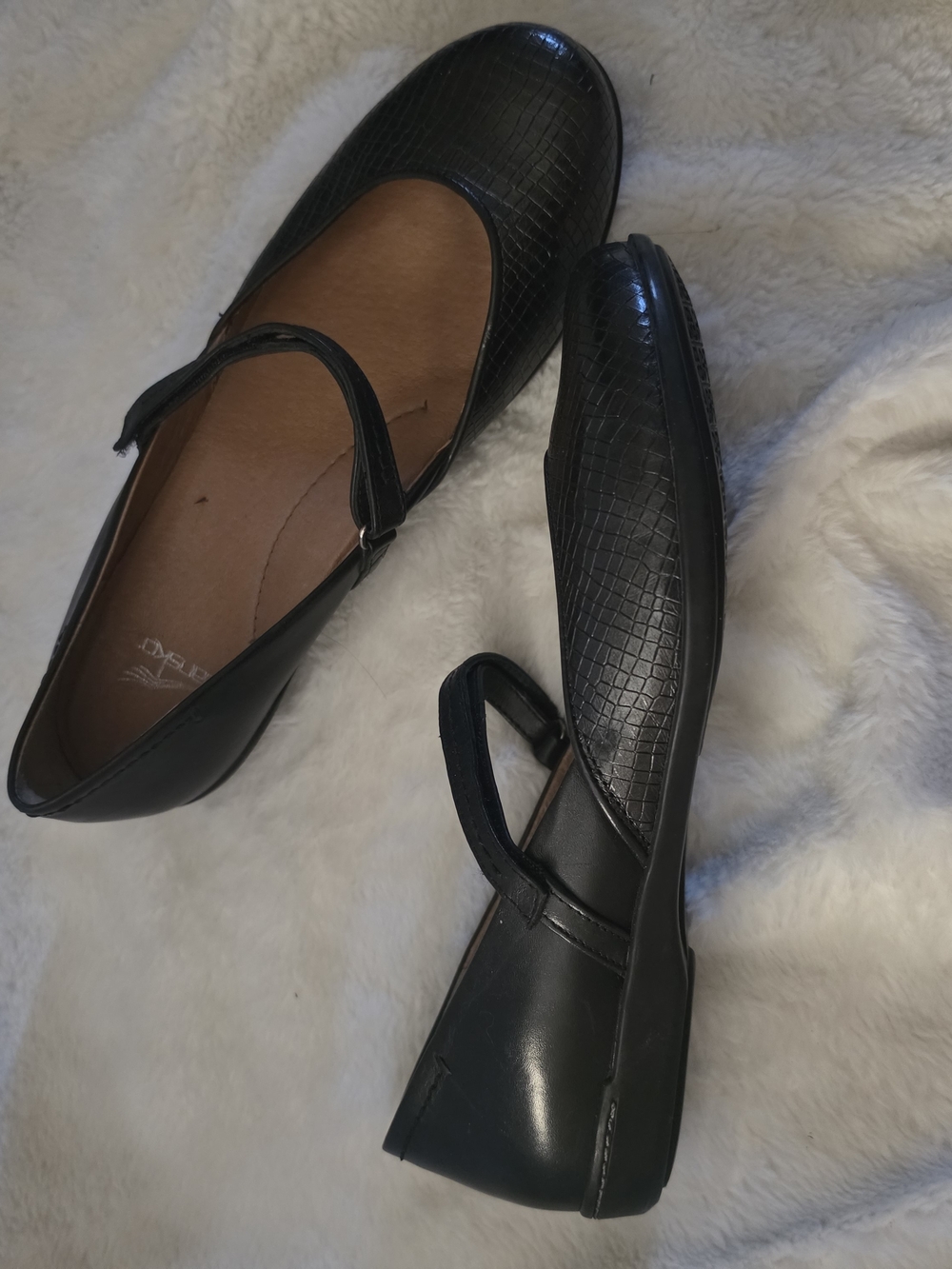 Dansko Black Mary Jane Flats with Croc-Embossed Upper